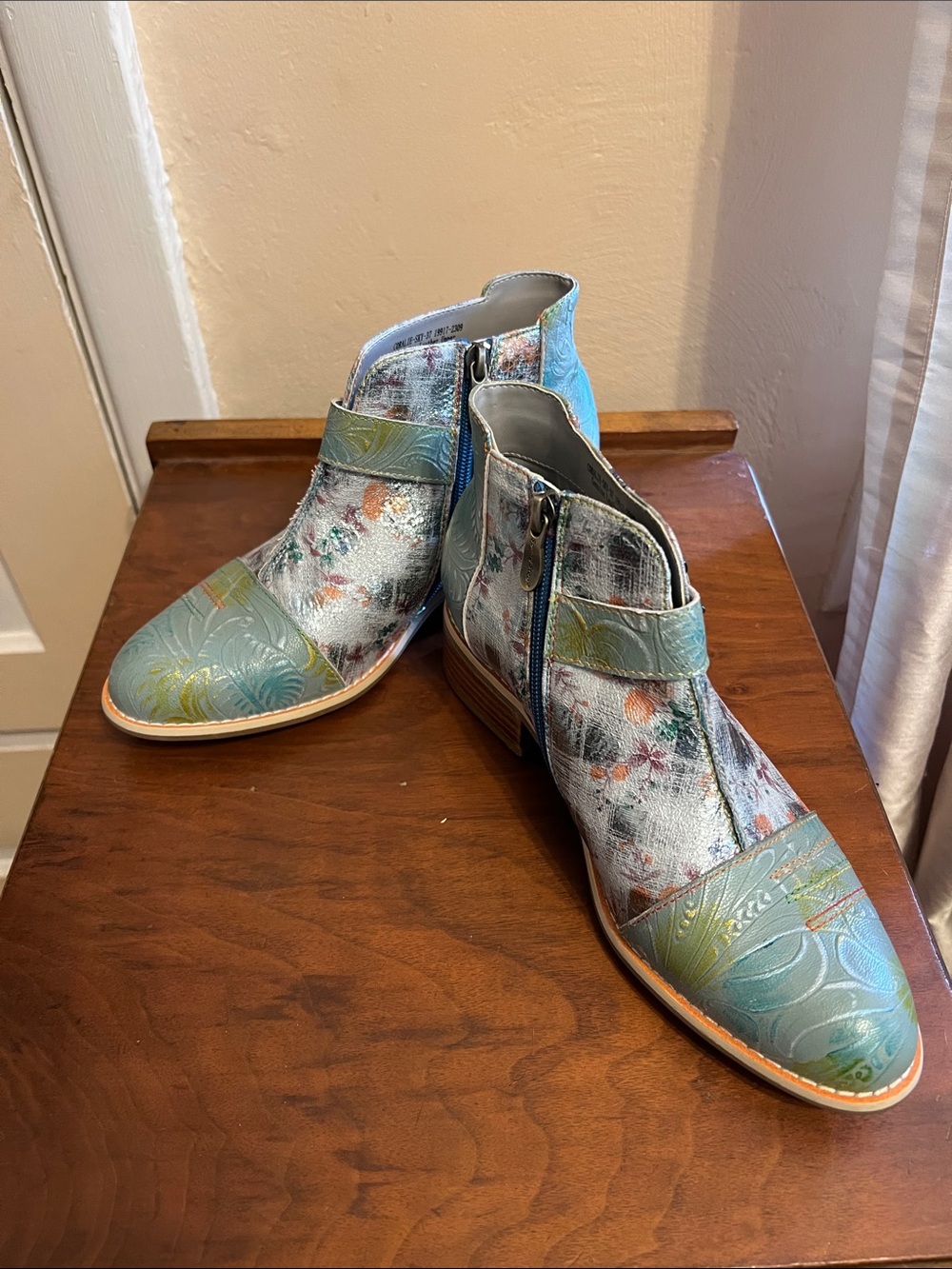L’Artiste Spring Step Floral Embossed Mint Green Ankle Booties